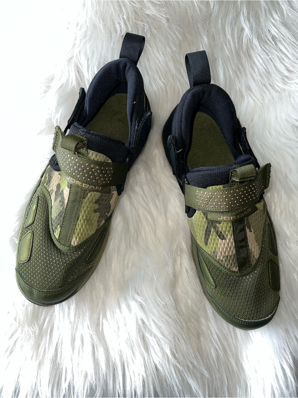 Jordan Women Olive Green Camo Strap Sneakers